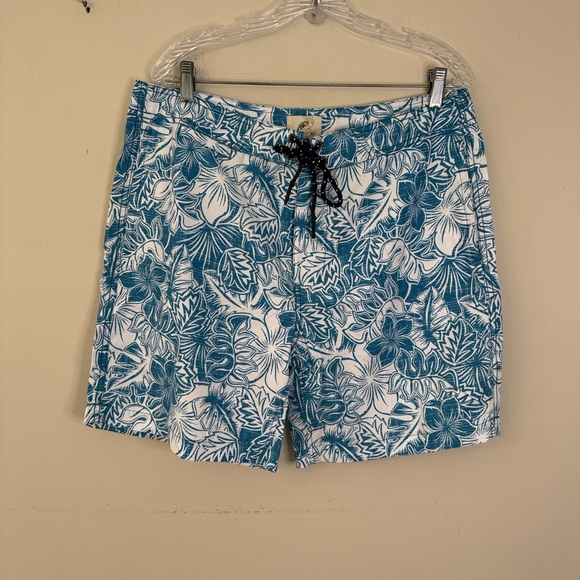 Surfside Supply Teal White tropical floral palm leaf Swim Trunks pockets SZ XL - Picture 1 of 12
